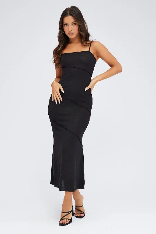 Minimal Classic Black Midi Dress Square Neck Jersey