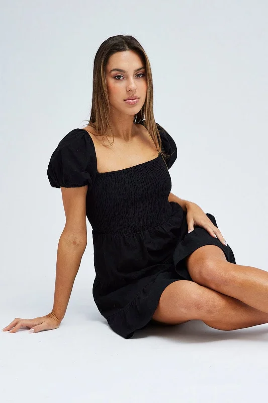 Body Design Black Fit and Flare Dress Short Sleeve Shirred
