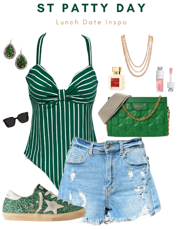 Literary Style Striped Bow Bodysuit: Green