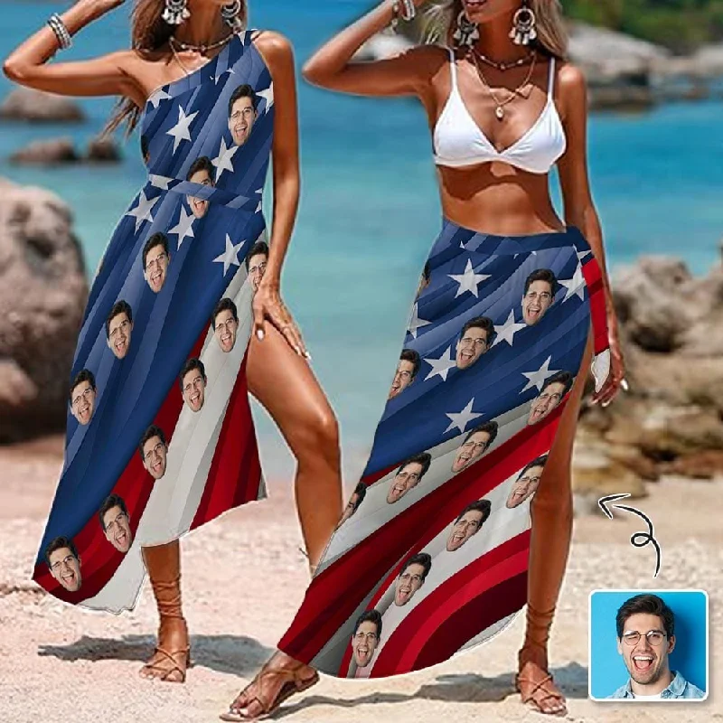 Comfortable Series Custom Face Flag Just For You Women's Long Cover Up Skirt With Slit Swimsuit Beach Wrap For Independence Day Comfortable Series Custom Face Flag Just For You Women's Long Cover Up Skirt With Slit Swimsuit Beach Wrap For Independence Day