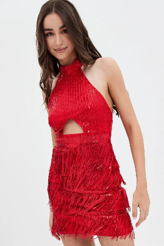 Cozy Vibes Red Party Bodycon Halter Mini Dress Tassels