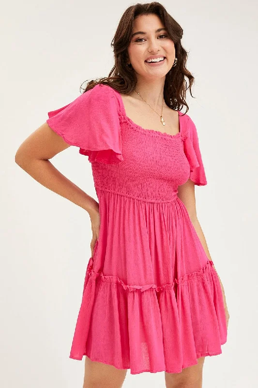 Luxury And Elegant Pink Skater Dress Short Sleeve Mini