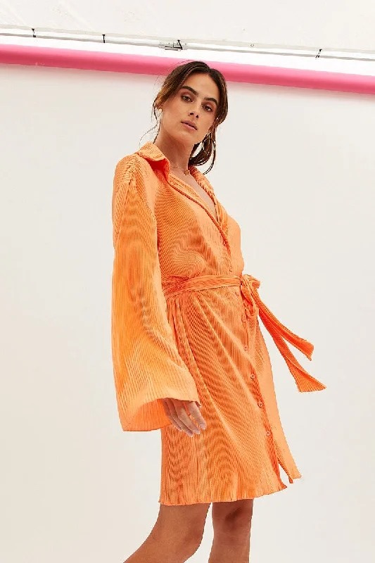 Easy Chic Orange Plisse Shirt Dress Front Button