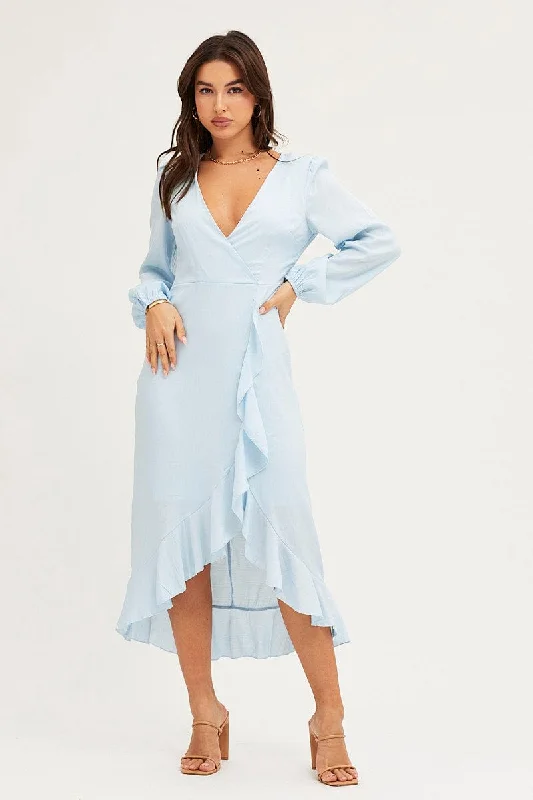 Comfortable And Versatile Blue Wrap Midi Dress