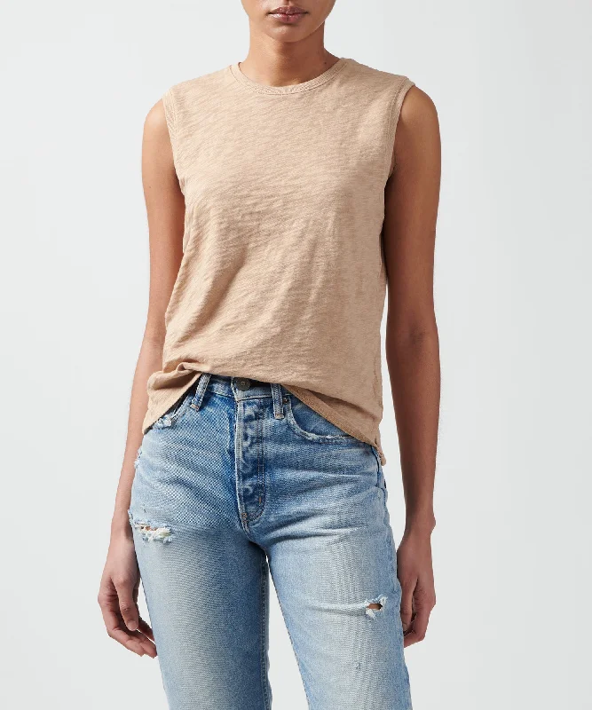 Slightly Flared Design Slub Jersey Sleeveless Schoolboy Tee - Camel
