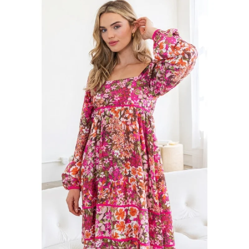 Street Casual Style Long Sleeves Square Neckline Floral MIni Dress