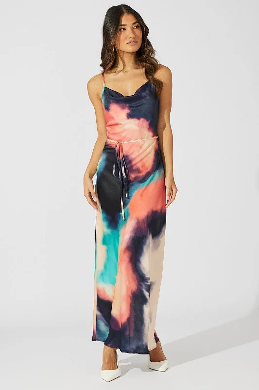 High Street Design Multi Abstract Maxi Dress Cowl Neck Satin