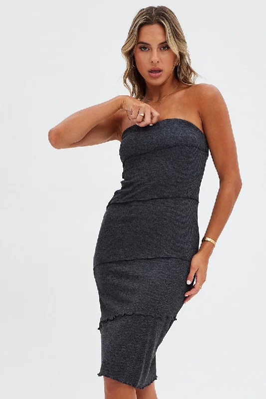 Soft Wear Grey Boob Tube Dress Midi Bodycon Ribbed Bandeau
