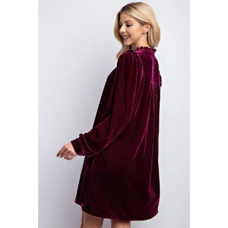 Retro Design Long Sleeves V-Neckline Velvet Dress With Side Pockets