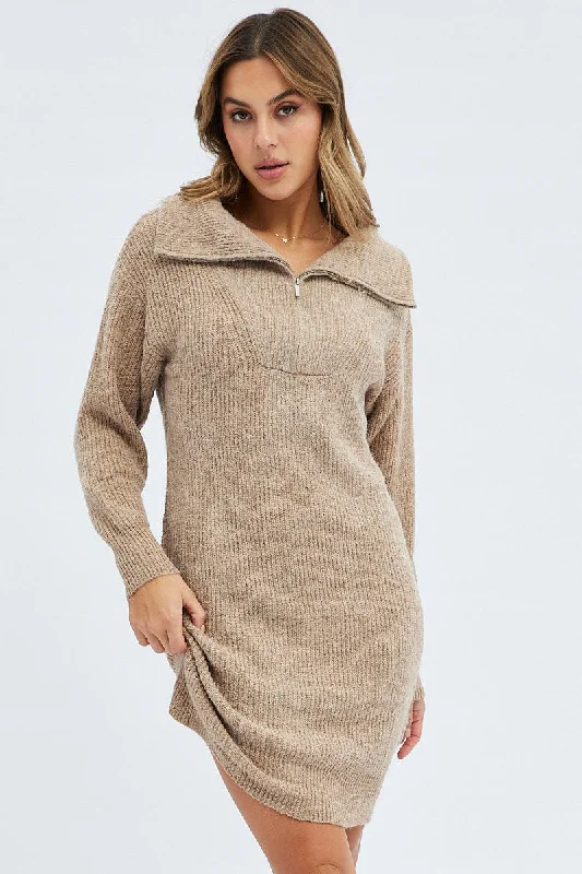 Leisure Sports Camel Knit Dress Long Sleeve Turtleneck Zip