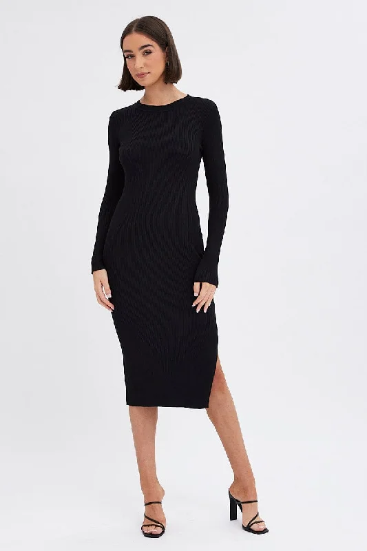 Trends Black Midi Dress Long Sleeve Round Neck Rib Knitted