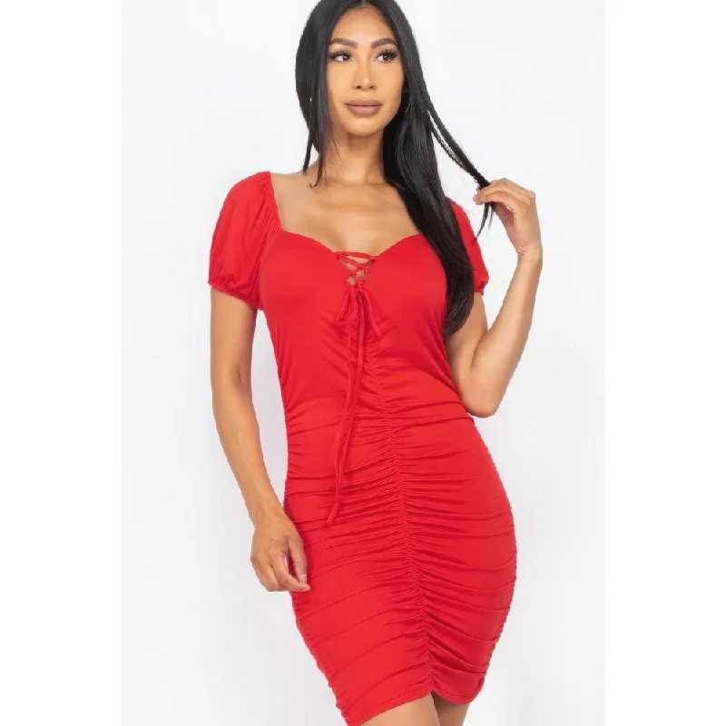 Comfortable Fashion Front Lace Up Lightweight Ruched Mini Dress Perfect for Day-to-Night Wear