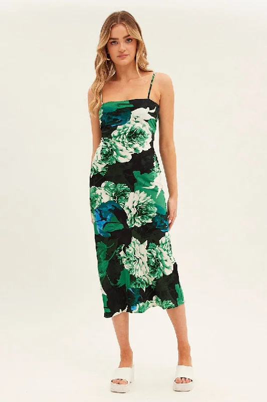 Effortless Dressing Green Floral Slip Dress Midi Strappy Back Floral Satin