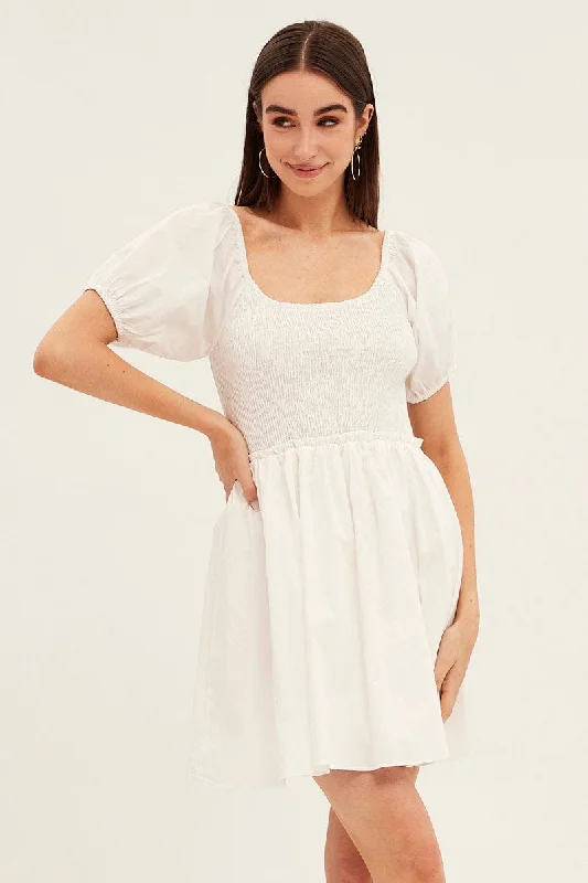Stylish Wear White Fit And Flare Dress Puff Sleeve Mini Poplin