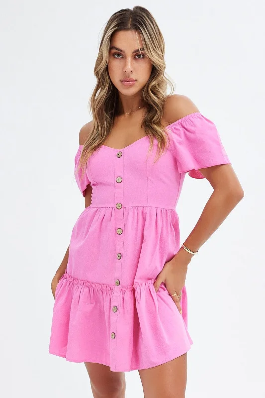 Simple Elegance Pink Button Front Mini Swing Dress