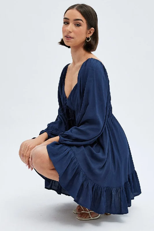High-end Wear Blue Fit and Flare Dress Long Sleeve Cut Out