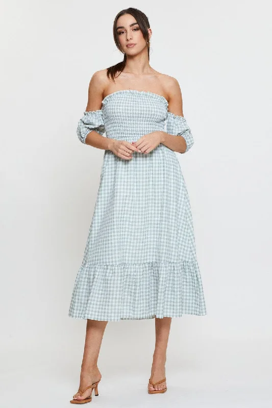 Comfortable And Casual Check Midi Dress Off Shoulder Short Sleeve