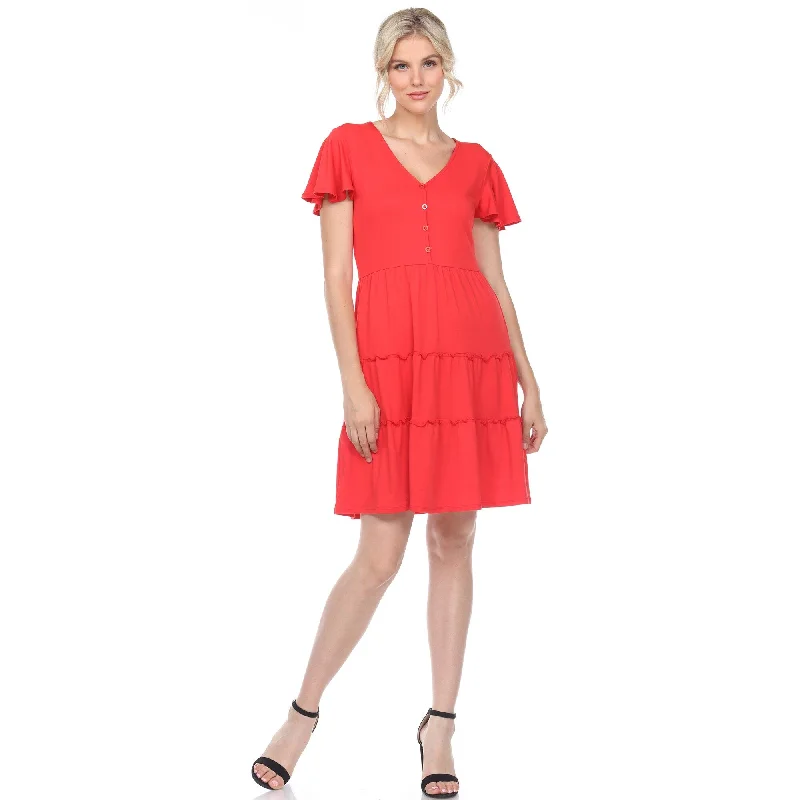 Exquisite Fabrics White Mark Women's Short Sleeve V-neck Tiered Dress