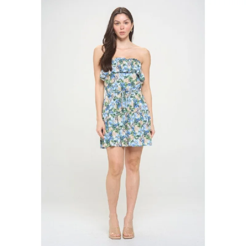 Lounge Wear Berry Flower Ruffle Tube Top Mini Dress