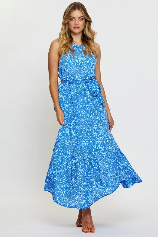 Stretch Design Geo Print Maxi Dress Halter Neck