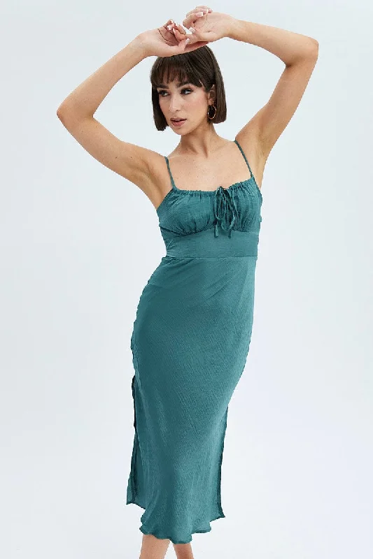 Classic Items Green Maxi Dress Sleeveless Ruched Bust Satin
