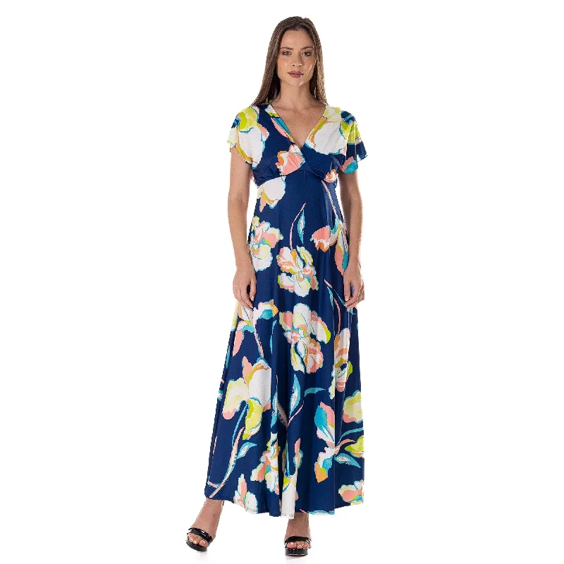 Versatile Itinerary 24seven Comfort Apparel Womens Navy Floral Print V Neck Empire Waist Kimono Cap Sleeve Maxi Dress Versatile Itinerary 24seven Comfort Apparel Womens Navy Floral Print V Neck Empire Waist Kimono Cap Sleeve Maxi Dress