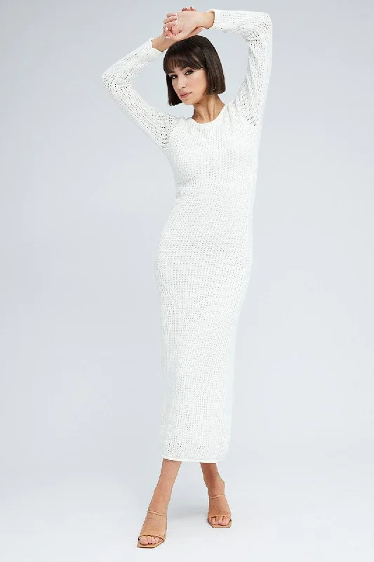 Elegant Series White Crochet Maxi Knit Dress