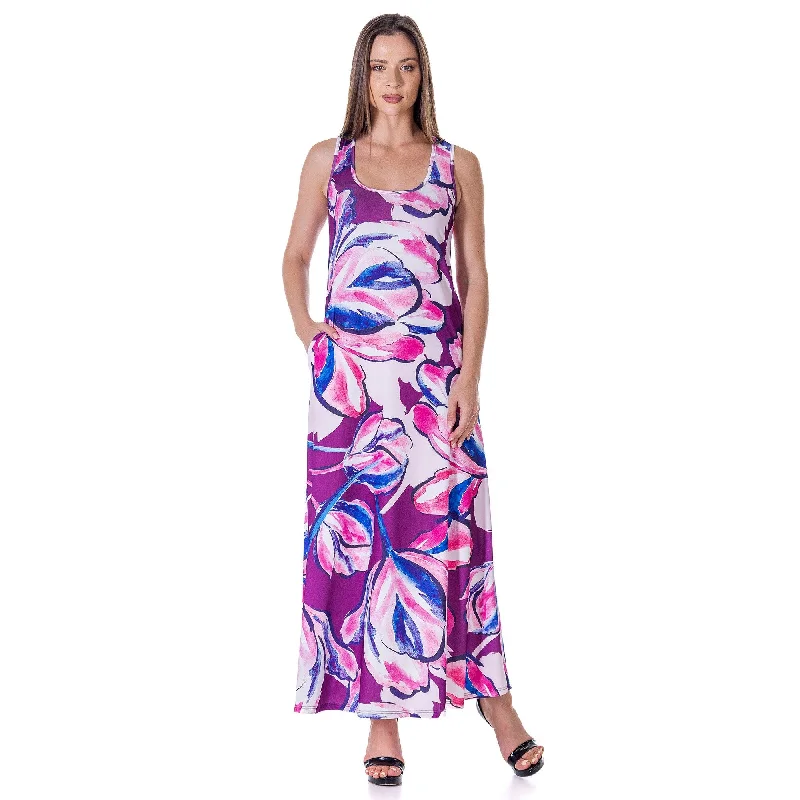 Modernism 24seven Comfort Apparel Womens Casual Purple Floral Scoop Neck Sleeveless Maxi Dress With Pockets