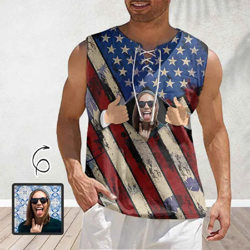 Sports And Leisure Custom Face American Flag Style Men Lace Up Front Tank Top Mens Printing Digital 3D Printing With Sleeveless Top T Shirt Vest Sports And Leisure Custom Face American Flag Style Men Lace Up Front Tank Top Mens Printing Digital 3D Printing With Sleeveless Top T Shirt Vest