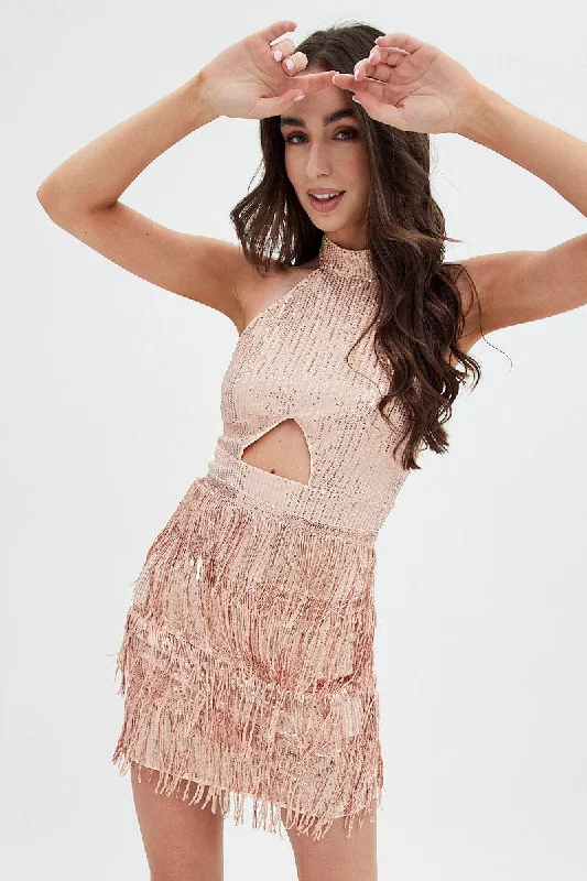 Relaxed Fit Beige Party Bodycon Halter Mini Dress Tassels