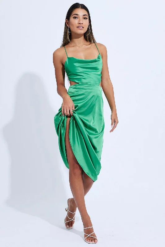 Chic Relaxation Green Midi Dress Satin Cutout