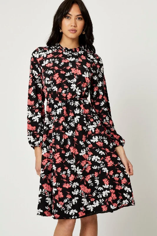 Simple Solid Color Print High Neck Floral Midi Dress