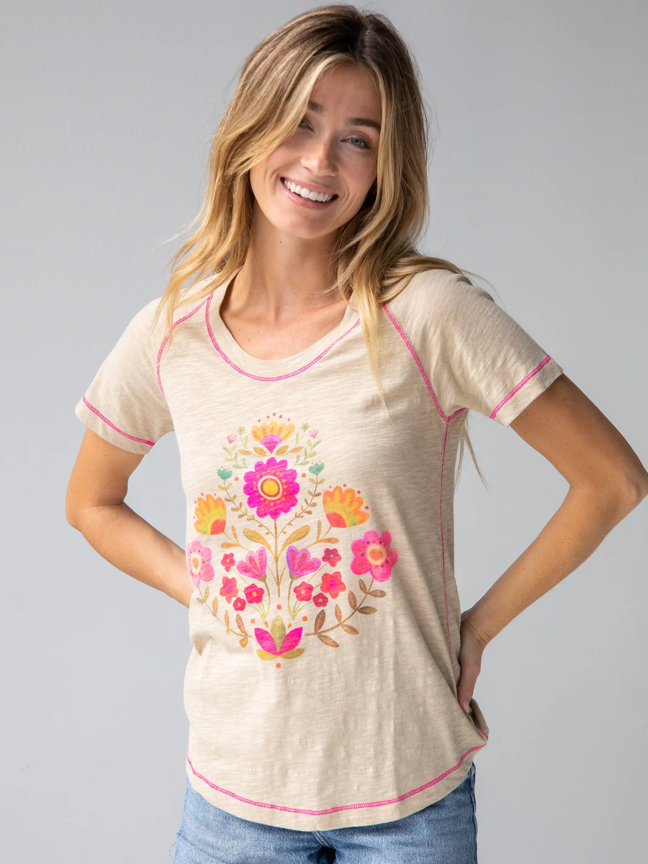 Avant-garde Design Boho Cotton Tee Shirt - Cream Folk Flower