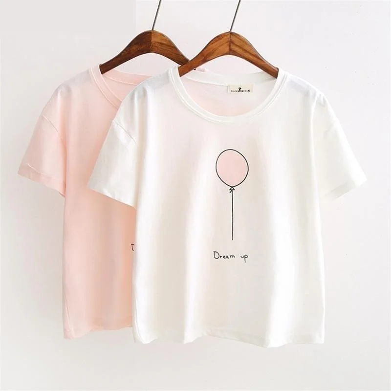 High-end Sense Summer Lovely Balloon Printed Short Sleeve T-Shirts Tee Top for Women