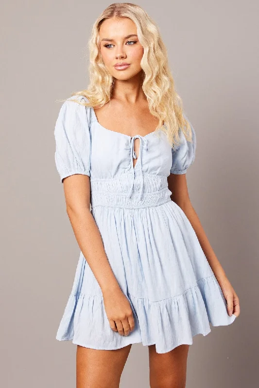 Personalized Wear Blue Fit And Flare Dress Puff Sleeve Mini