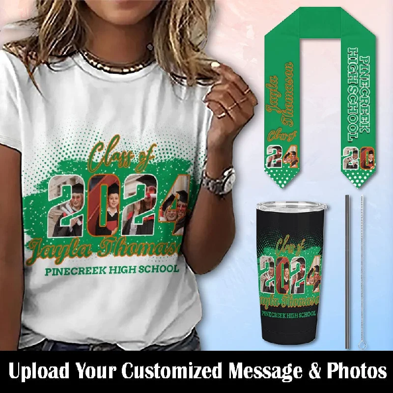 Single-shoulder Neck Design Custom Photo&Name Special Number Graduation T-shirt and Matching Stole and Car Cup Set Class of 2024 Graduation Gift