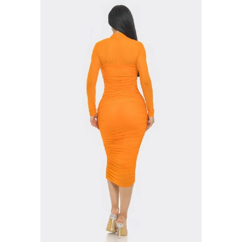 Sports Style Long Sleeves With Back Zip Closure Solid Mesh Ruched Midi Dress