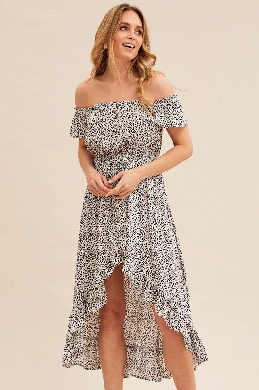 Urban Fashion Print Midi Dress Short Sleeve Shirred Off Shoulder