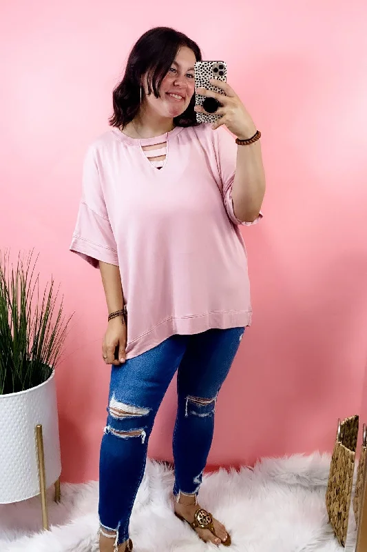 Feminine Charm Never Leaving You- Pink Cutout V-Neck Top {CURVY}