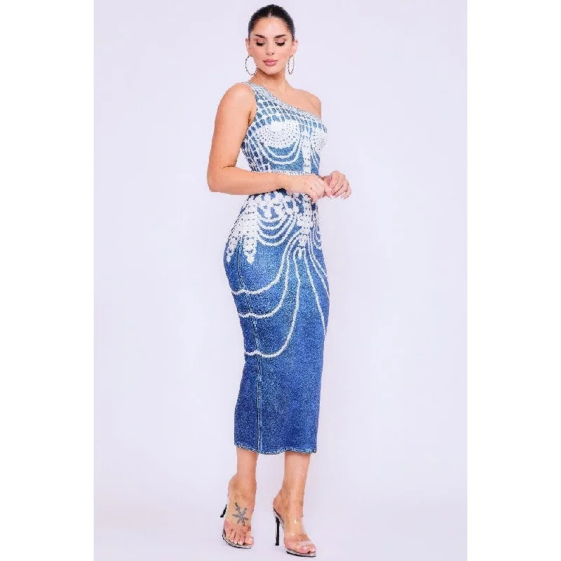 Street Style One Shoulder Denim Print Dress