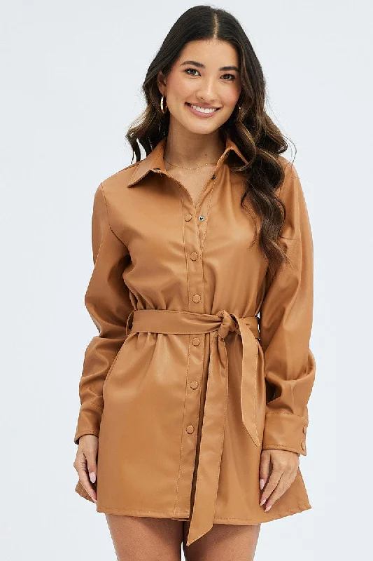 Exquisite Tailoring Beige Faux Leather Dress Long Sleeve Collared Belted PU