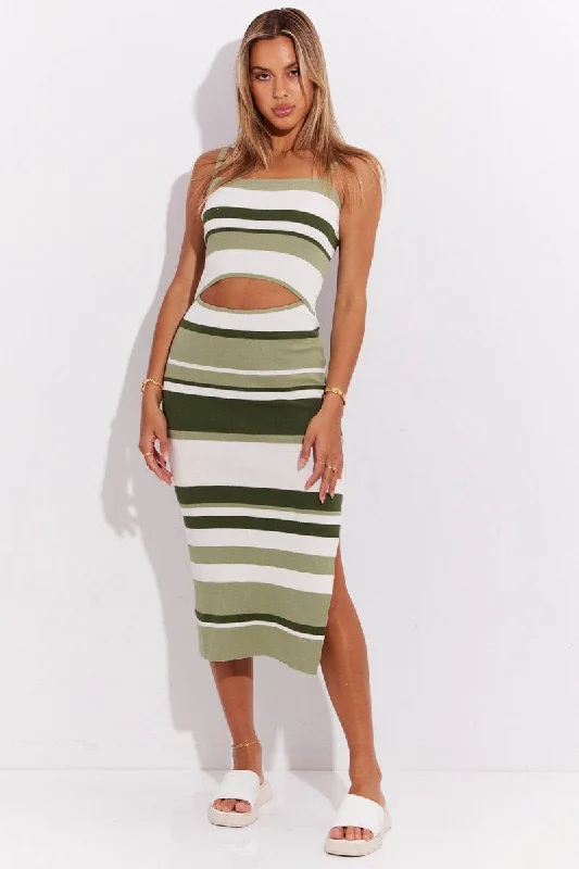 Soft Style Green Stripe Knit Dress Sleeveless Midi Cut Out
