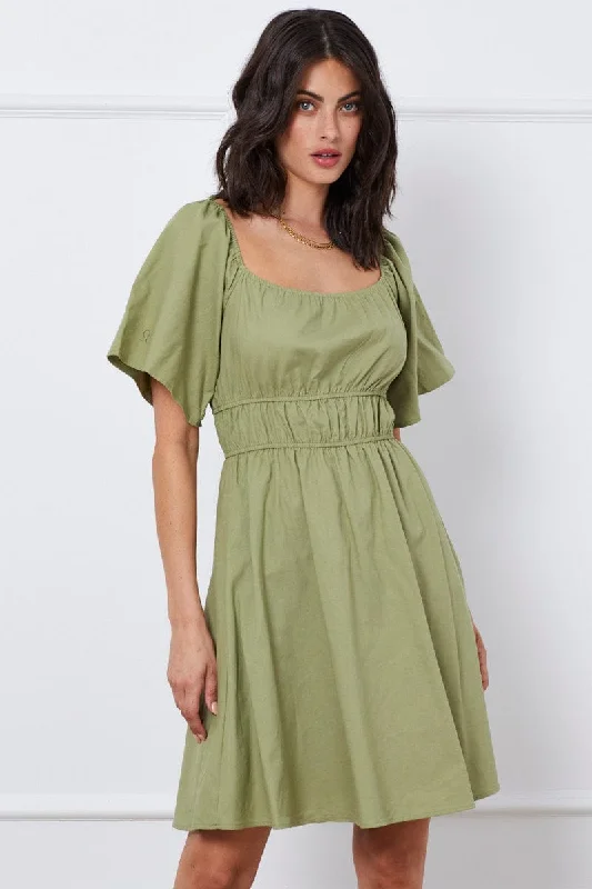 Slightly Flared Design Green Mini Dress Short Sleeve Square Neck