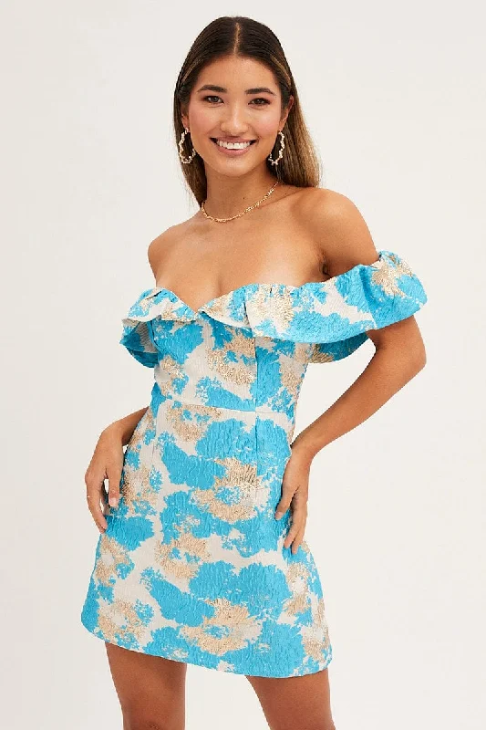 Fresh And Simple Print Volume Off Shoulder Jacquard Mini Dress