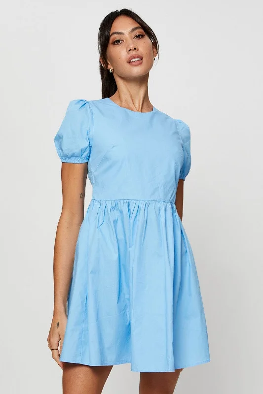 Simple And Comfortable Blue Mini Dress Short Sleeve Round Neck