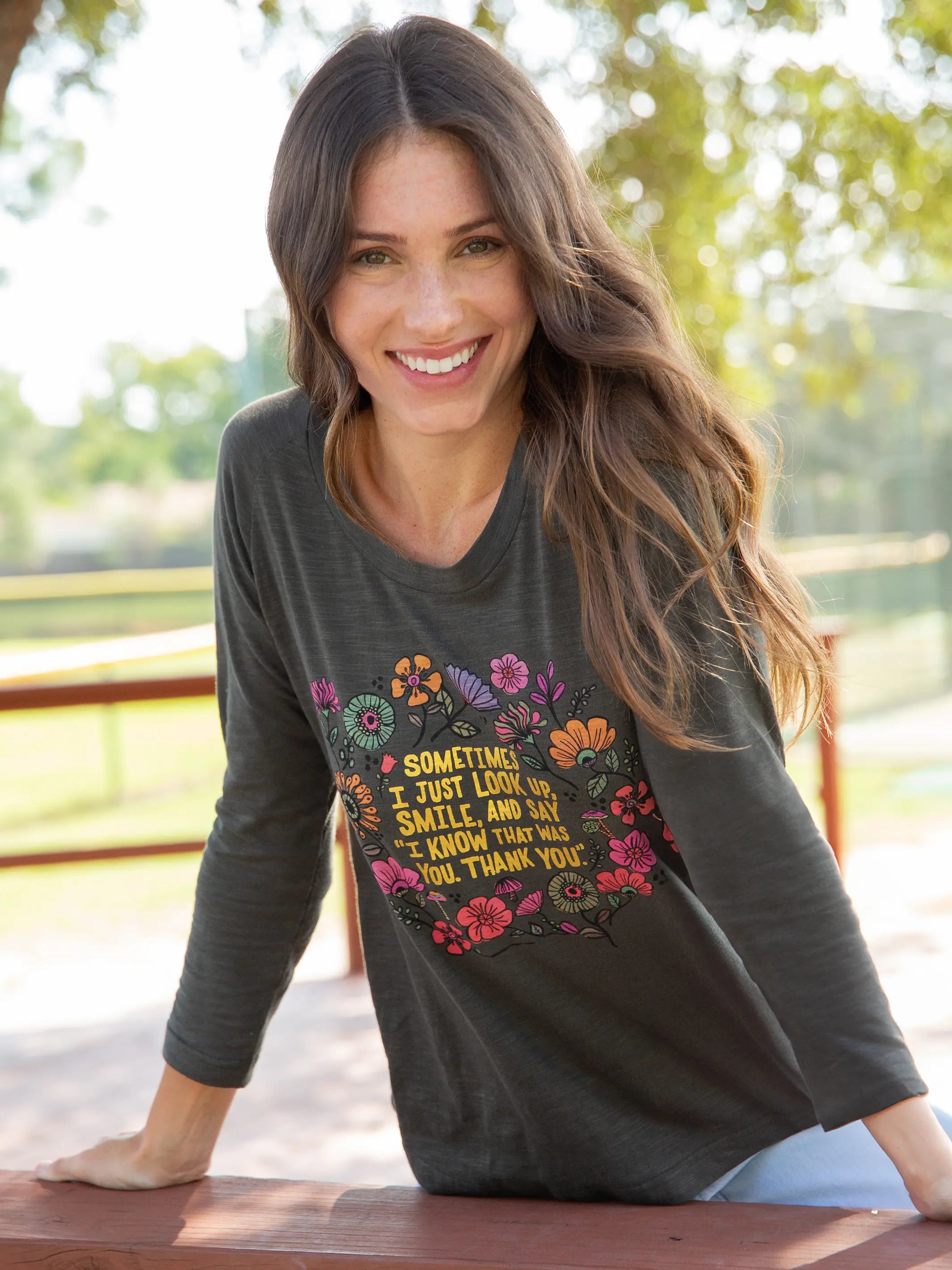 Relaxed And Casual Long Sleeve Boho Cotton Tee Shirt - Look Up and Smile