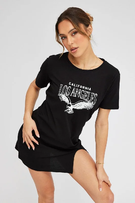 Integrated Design Black Graphic Dress Short Sleeve