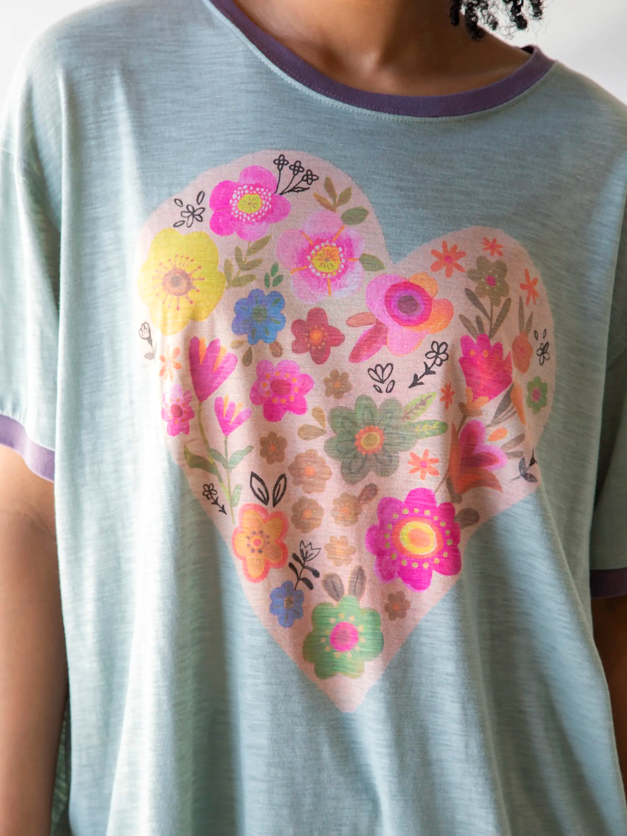Simple Matching Ringer Oversized Tee Shirt - Heart