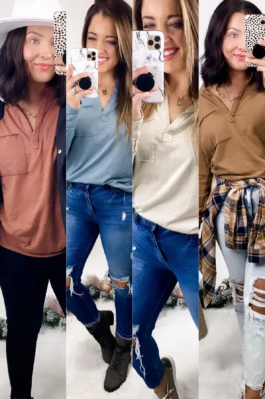 Sports Cool Underneath It All- {Blue, Brick, Cream & Rust} Long Sleeve V-Neck Pocket Tee