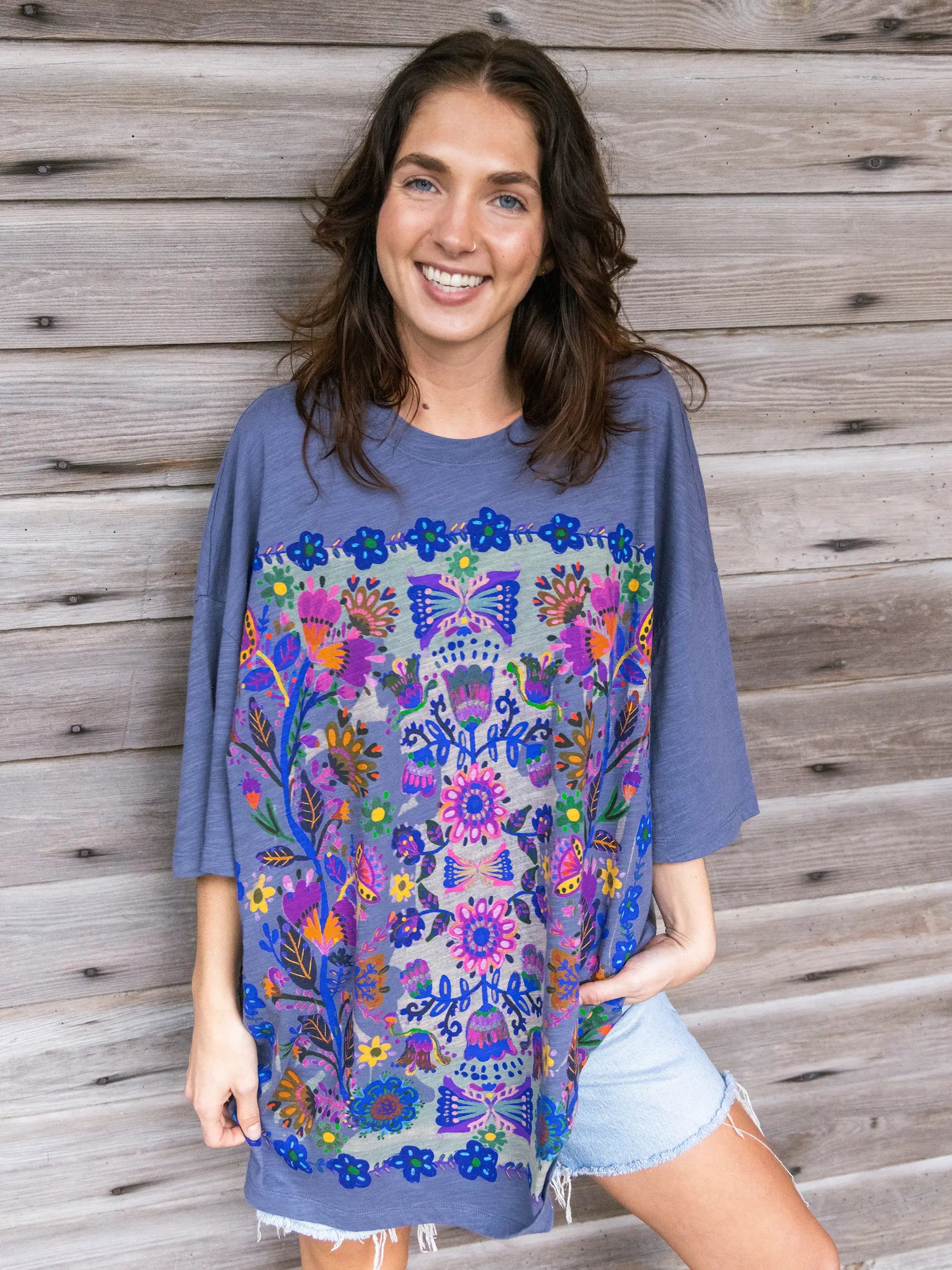 Casual Choice One Size Cotton Easy Tee - Navy Border Folk Garden